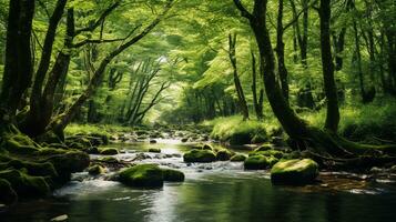 green tree with stream in forest. nature scene background. generative AI photo