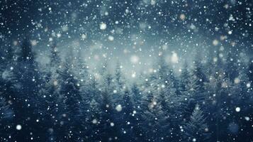 blur snow falling with pine forest background. Christmas and new year poster and greeting card decoration concept.  AI Generated photo