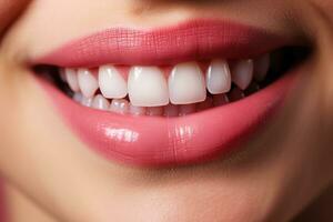 Healthy gums and teeth shown in detailed closeup background with empty space for text photo