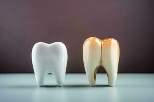 Decayed tooth comparison with a healthy one background with empty space for text photo