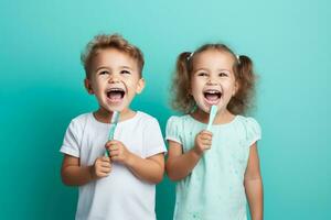 Cheerful children demonstrating tooth brushing skills background with empty space for text photo