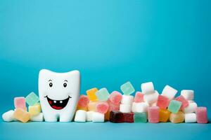 Sugar loaded foods and drinks causing tooth decay concept background with empty space for text photo