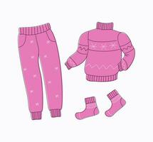 Warm cozy clothes. A set of clothes. Winter knitted sweater, pants and socks. Knitwear, woolen outfit. Linear vector sketch icon isolated white. Autumn, winter season. Knitted jersey with an ornament.