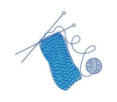 Knitting, knitting ball and knitting needles. Logo, vector illustration, doodle style drawing. Symbol of hobby, needlework, homework. The background is isolated.