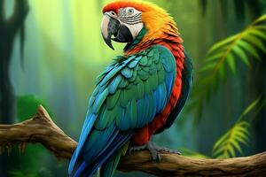 Vibrant 3D rendering blue green macaw on a tree branch, strikingly beautiful AI Generated photo