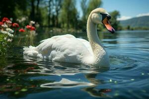 A peaceful oasis Swan with a striking red beak swims gracefully AI Generated photo