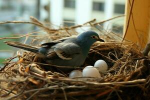 un árbol rama cunas un nido con dos urraca Robin huevos ai generado foto