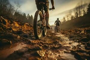 Rear shot Mountain bikes tire and riders foot on rustic dirt trail AI Generated photo