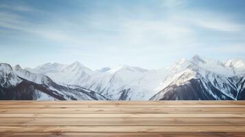 empty wooden table top board on blur snow mountain background. generative AI photo