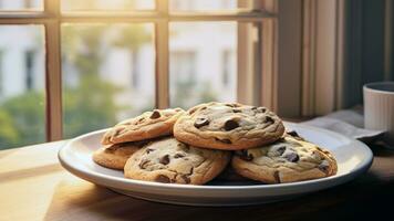 chocolate chip cookies on white plate on wooden table. close up and selective focus. generative AI photo