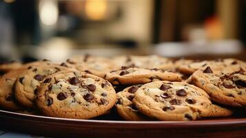 cookies on tray in the kitchen with blur background. close up and selective focus. generative AI photo