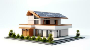 miniature house model with solar panel on roof on white background. generative AI photo