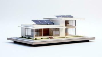 miniatura casa modelo con solar panel en techo en blanco antecedentes. generativo ai foto