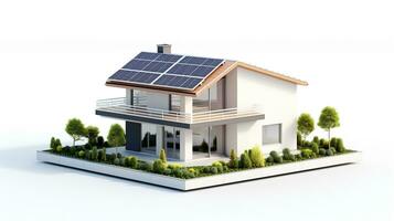 miniatura casa modelo con solar panel en techo en blanco antecedentes. generativo ai foto