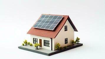 miniatura casa modelo con solar panel en techo en blanco antecedentes. inteligente hogar energía ahorro concepto. generativo ai foto