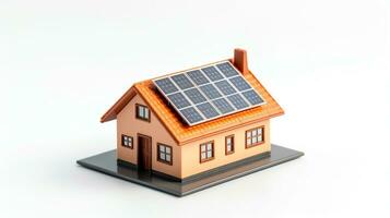 miniatura casa modelo con solar panel en techo en blanco antecedentes. inteligente hogar energía ahorro concepto. generativo ai foto