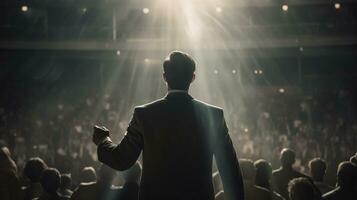 business man standing with his back. There was a spotlight shining on him. Showing leadership and motivation with a lot of people. generative AI photo