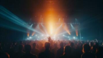 Blur crowd audience watching live show in concert hall or venue stadium with lighting. generative AI photo