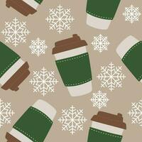 Paper cups with lids and snowflakes Seamless pattern. Disposable cups to go. Winter and autumn Hot drinks. Hot soup cups. Isolated flat vector illustration for banner, Print, Decoration, Poster.