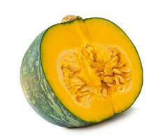 Front view photo of green japanese pumpkin half isolated on white background with clipping path