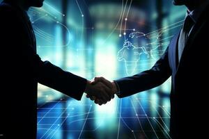 Office deal, Businessmens handshake, global graphic backdrop symbolize international collaboration AI Generated photo