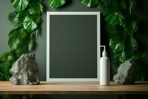Greenery complements the office desk with an empty photo frame AI Generated