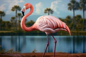 Pink flamingo, long neck, curved legs, and big beak, strolls AI Generated photo