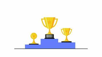 2d animatie winnaars podium met trofee cups animatie. beweging trofee met podium rang. alpha kanaal video