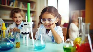 explorador Ciencias maravillas, inventivo niños en salón de clases lección - curiosidad y descubrimiento en educación - ai generativo foto