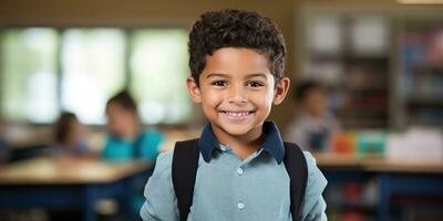 Smiling Hispanic Boy at Modern School, Happy Education Journey of Diverse Schoolboy - AI Generative photo