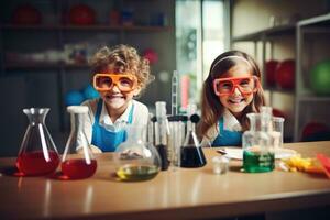 las manos en Ciencias clase, inventivo niños disfrutando aprendizaje - innovador educación experiencia a colegio - ai generativo foto