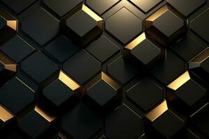 Luxury Hexagonal Abstract Black Metal Background with Golden Light Lines - Modern 3D Geometric Texture, AI Generated photo