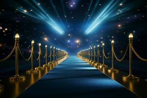 Spotlighted blue carpet with decorative ropes, an elegant event scene AI Generated photo