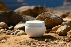 a white jar sitting on the ground next to a rock AI Generated photo