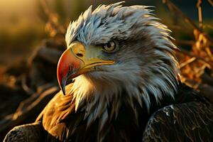 iluminado por el sol campo marcos un cerca arriba de un poderoso y real águila ai generado foto