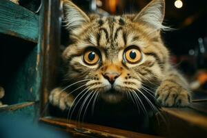 Woman uncovers fearful cat in cupboard wide eyes tell of its startled discovery AI Generated photo