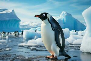 Lone penguin on beach, icebergs backdrop, Antarctic solitude captured AI Generated photo