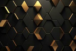 Luxury Hexagonal Abstract Black Metal Background with Golden Light Lines - Modern 3D Geometric Texture, AI Generated photo