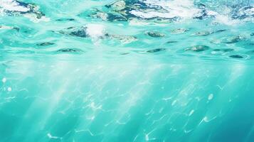 cautivador agua olas en luz de sol - de moda verano naturaleza bandera con burbujas y salpicaduras - ai generado foto