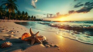 Starfish spotted on sandy bottom split view tropical sunset island with beach and palms background with empty space for text photo