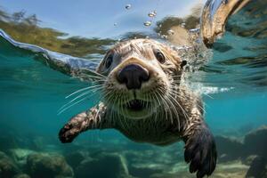 Sea otters frolic in oceanic bliss split view depicts secluded tropical sanctuary photo