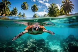 Sea turtles swimming split view tropical island with beach and palms background with empty space for text photo