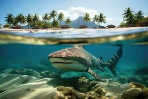 Sharks in deep waters split view tropical island with beach and palms background with empty space for text photo