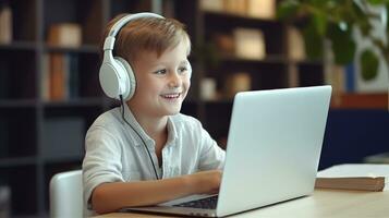 Happy Child E-Learning at Home, Laptop and Headphones for Remote School Work - Youth Development and E-Learning - AI Generative photo