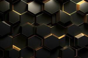 Luxury Hexagonal Abstract Black Metal Background with Golden Light Lines - Modern 3D Geometric Texture, AI Generated photo