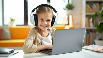 Happy Child E-Learning at Home, Laptop and Headphones for Remote School Work - Youth Development and E-Learning - AI Generative photo