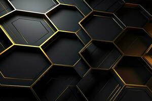 Luxury Hexagonal Abstract Black Metal Background with Golden Light Lines - Modern 3D Geometric Texture, AI Generated photo