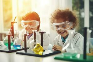 explorador Ciencias maravillas, inventivo niños en salón de clases lección - curiosidad y descubrimiento en educación - ai generativo foto