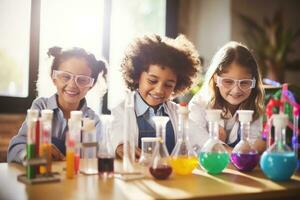 explorador Ciencias maravillas, inventivo niños en salón de clases lección - curiosidad y descubrimiento en educación - ai generativo foto