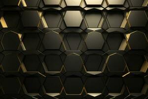 Luxury Hexagonal Abstract Black Metal Background with Golden Light Lines - Modern 3D Geometric Texture, AI Generated photo